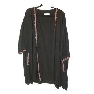 Billy T Black Duster Long Cardigan Embroidered Pink Trim‎ Pockets Large Boho